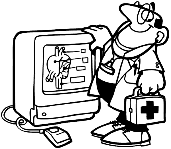 Doctor checking computer for help vinyl sticker. Customize on line.      Computers 024-0171  